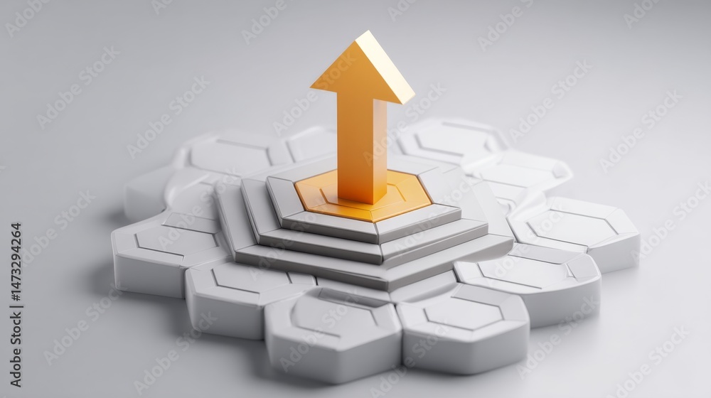 Poster clean 3d render of rising arrow on layered geometric shapes