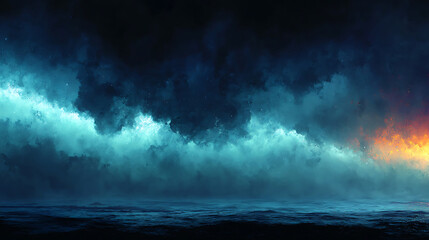 Fototapeta premium Abstract ocean with vibrant clouds and dramatic sky,evokes a sense of mystery and wonder,featuring glowing turquoise colors and a warm sunset