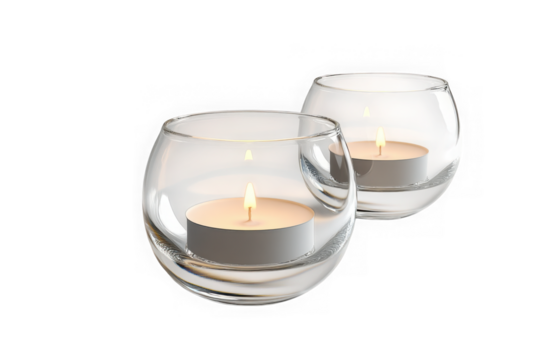 Two glass candle holders with lit tea lights, reflective surfaces, and clear glass bowls, decorative isolated on transparent background