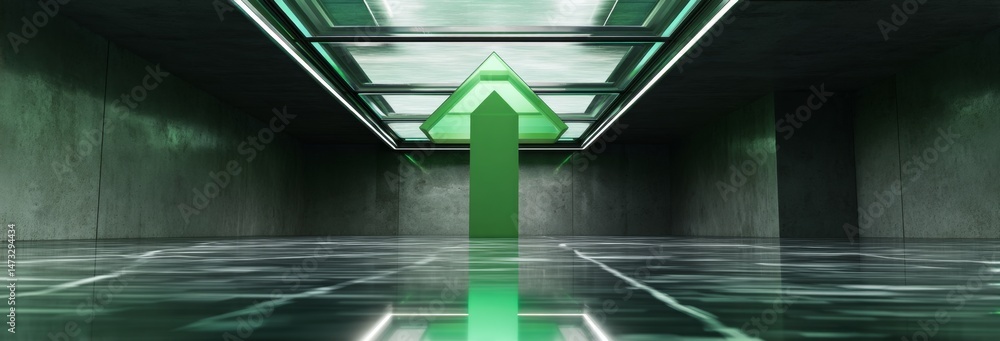 Poster digital 3d concept of a green arrow floating upward in space