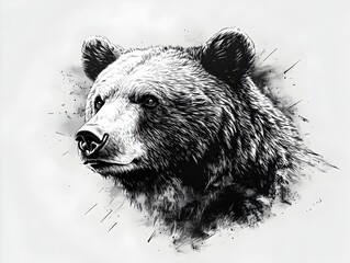 A majestic brown bear portrait in black and white ink style with dramatic splash effect background.
