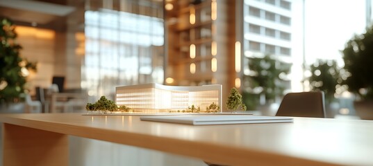 Fototapeta premium A futuristic business plaza model sitting on a sleek wooden table, softly blurred office decor behind. Branding space available.