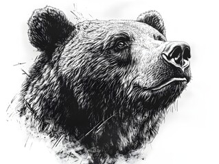 A majestic grizzly bear portrait in stunning black and white ink art style showing intense detail and texture.