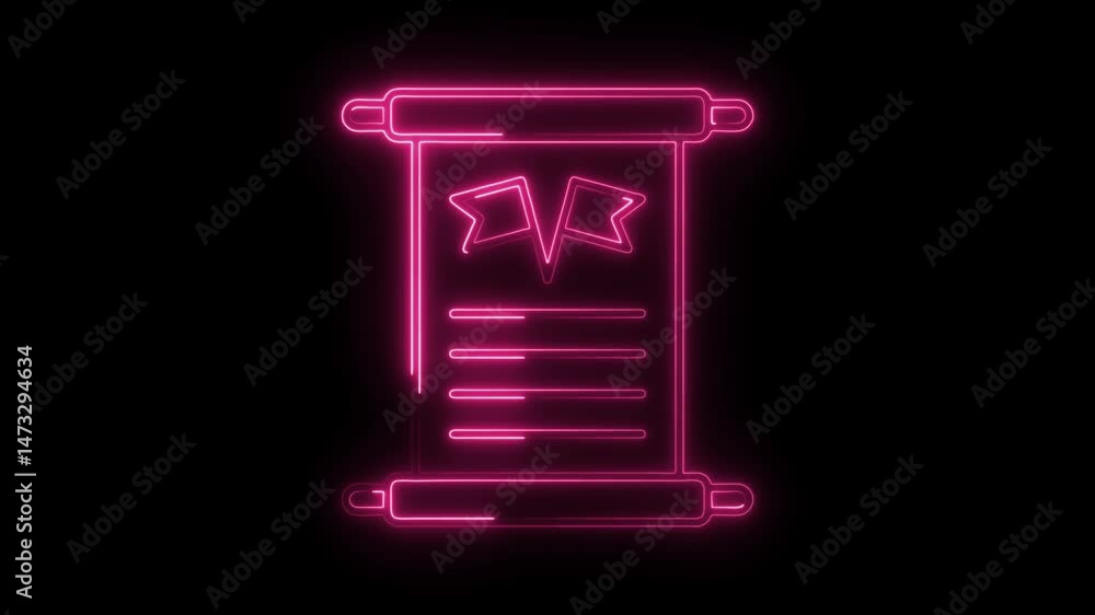 Aufkleber neon scroll paper animated icon in pink with flags on black background