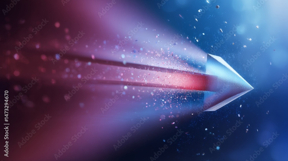 Poster futuristic 3d arrow breaking through colorful particles in space