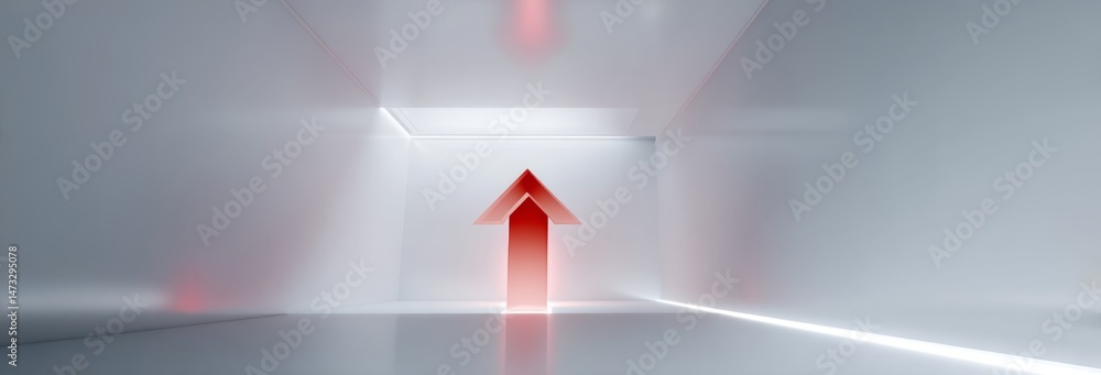 Poster glowing red arrow pointing upward in smooth white space