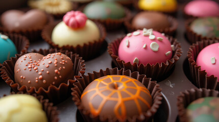 Assorted colorful chocolates in box. Delicious candies with gem-like vibrant glazing