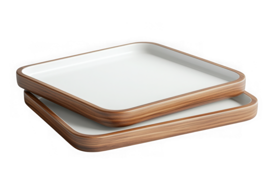 Close-up of two stacked square white plates with wooden trim, showcasing their design and texture, isolated on transparent background