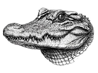 Obraz premium A detailed pen and ink drawing showcases a young alligator's head in profile view against a stark white background.