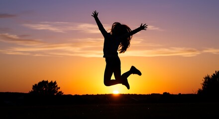 Sunset Silhouette: A Girl's Joyful Leap into Freedom