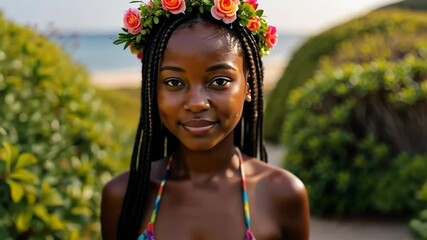 Young woman smiling with flower crown against tropical background  