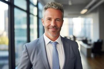 Fototapeta premium A middle-aged businessman in a suit standing in an office with a window in the background.