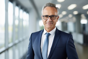 Fototapeta premium A middle-aged man in a suit and tie standing in a modern office hallway.