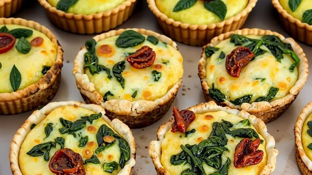 Savory spinach and cheese tartlets arranged on a platter  
