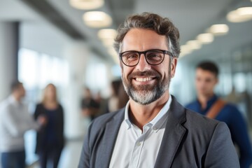 Fototapeta premium A smiling man in a suit standing in a modern office with colleagues in the background.