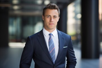 Fototapeta premium A man in a suit standing in front of a modern building.