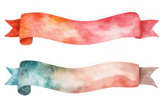 Watercolor style banners in shades of pink, orange, and blue with decorative ends, perfect for embellishments and design elements isolated on transparent background