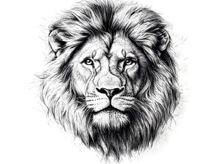 A majestic lion's head portrait illustrated in detailed black and white ink drawing style perfect for tattoo design or wildlife art.