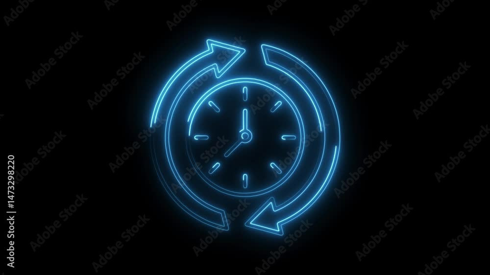 Poster clock with arrows rotating time loop blue neon light on black background
