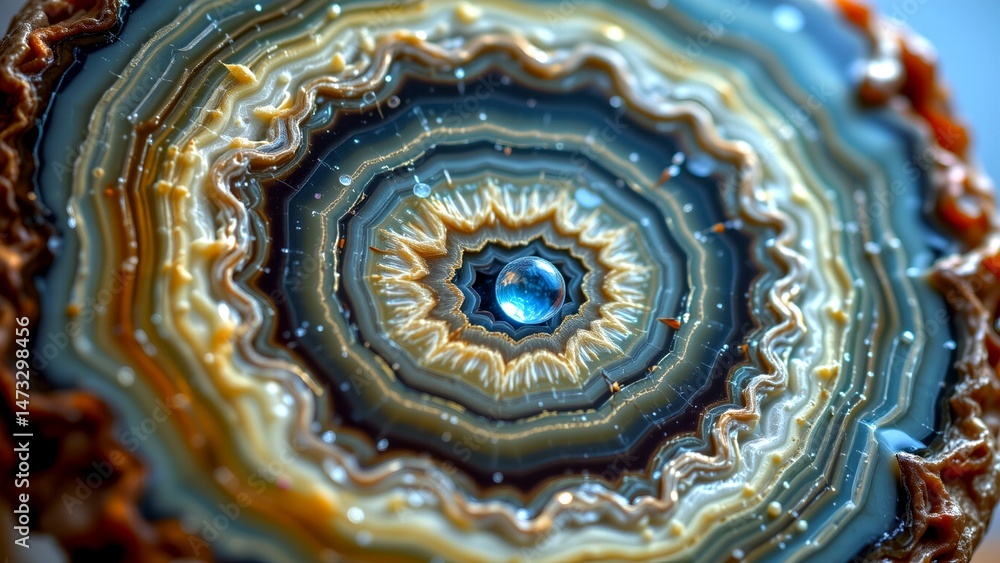 Aufkleber close-up of natural stone likely agate intricate concentric layers of varying shades of brown gold w