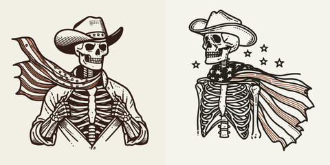 skeleton with cowboy hat and american flag overlay scarf as Superhero. Independence day 4th of july patriotic Clipart line art vector illustration. .