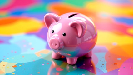 bright pink piggy bank coin slot placed colorful abstract background that includes vibrant shades of blue yellow orange pink. piggy bank glossy finish positioned upright giving impression of...