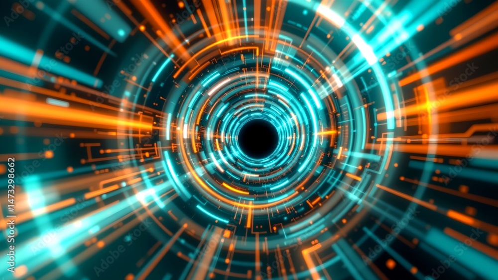 Aufkleber futuristic digital tunnel vibrant orange cyan lines radiating outward creating sense of motion depth