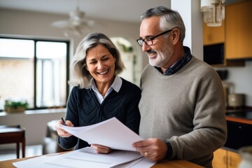 A senior couple smiling and looking at a document together in a cozy kitchen setting.