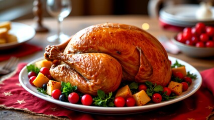 beautifully plated roasted turkey surrounded vibrant red cranberries golden-brown roasted potatoes all set white plate. centerpiece perfectly cooked turkey glistening rich golden-brown glaze...
