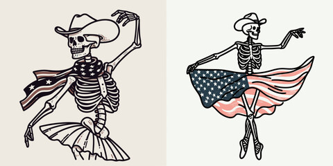 skeleton with cowboy hat and american flag overlay scarf as Ballerina. Independence day 4th of july patriotic Clipart line art vector illustration. .