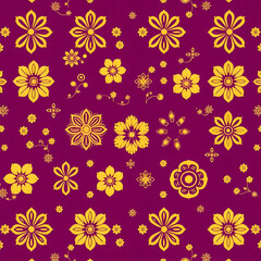 Traditional Chinese gold floral pattern on vibrant berry purple fabric.