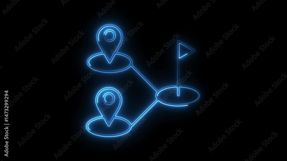 Poster neon route animation with location pins and destination point on black background