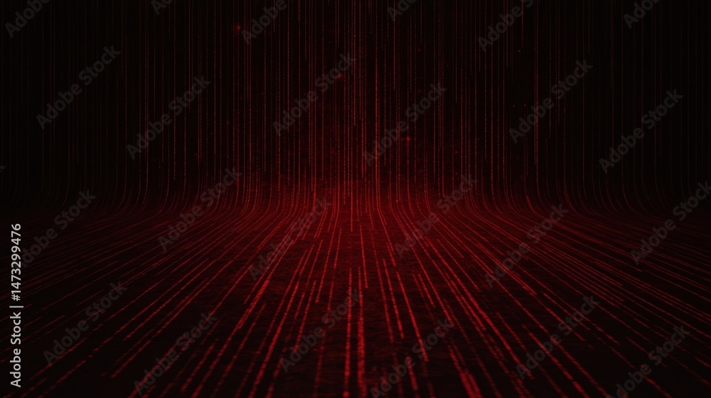 Poster a dark digital landscape with glowing red lines forming a futuristic, high-tech grid or data stream.