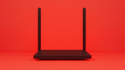 Fototapeta premium Minimalist black WiFi router with two antennas on a bright red background.