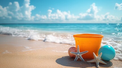 Beach Toys on Sandy Shore Orange Bucket, Starfish, and Beach Balls