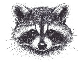 A detailed hand-drawn illustration depicts a curious raccoons face looking directly at the viewer with intense eyes and fine fur details.