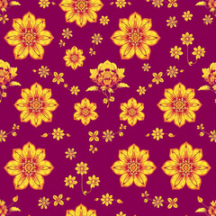 Traditional Chinese gold floral pattern on vibrant berry purple fabric.