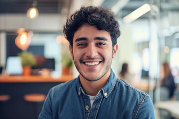 A young man with curly hair smiling in a modern office setting.
