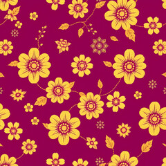 Traditional Chinese gold floral pattern on vibrant berry purple fabric.