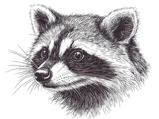 Obraz premium A detailed hand drawn illustration of a raccoon head profile in black and white ink sketch style perfect for wildlife art prints and designs.