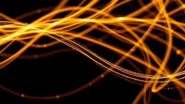 array of glowing golden lines that intertwine flow across dark background. These lines create sense of movement energy evoking feeling of dynamism fluidity. contrast between vibrant luminous...