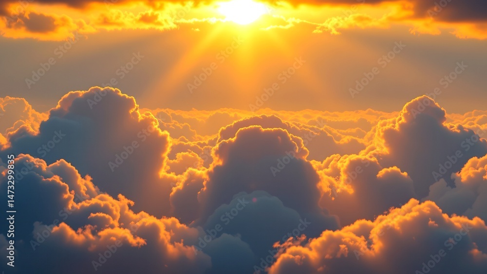 Aufkleber breathtaking view of sky where sun partially hidden behind thick layer of clouds. sunlight streams g