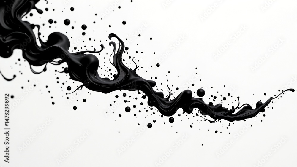 Poster dynamic abstract composition of black liquid splashes against white background. fluid forms create i