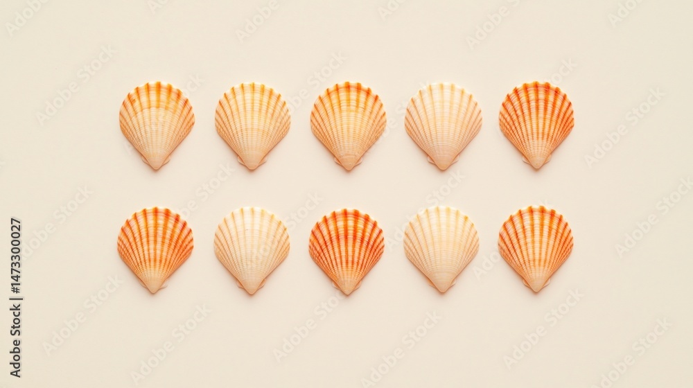 Poster ten orange seashells are neatly arranged in two rows on a light background.