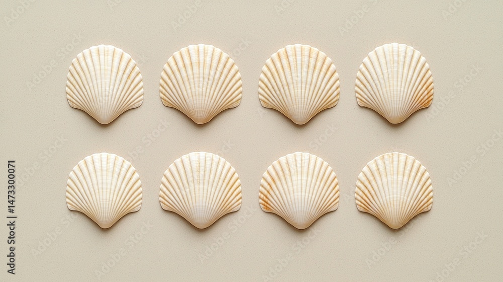 Poster eight seashells are neatly arranged in two rows on a light, sandy background.