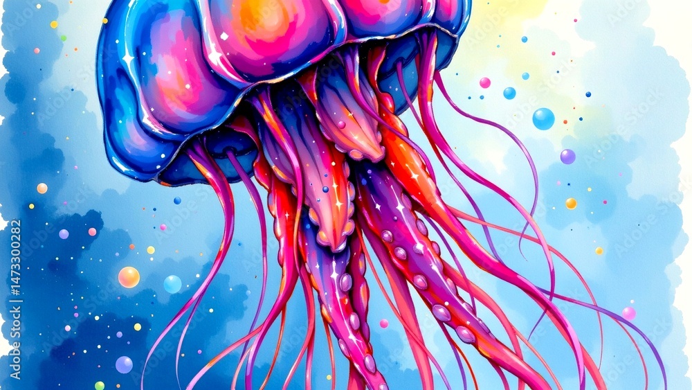 Poster vibrant colorful jellyfish floating against backdrop of dreamy pastel-colored sky. jellyfish depicte
