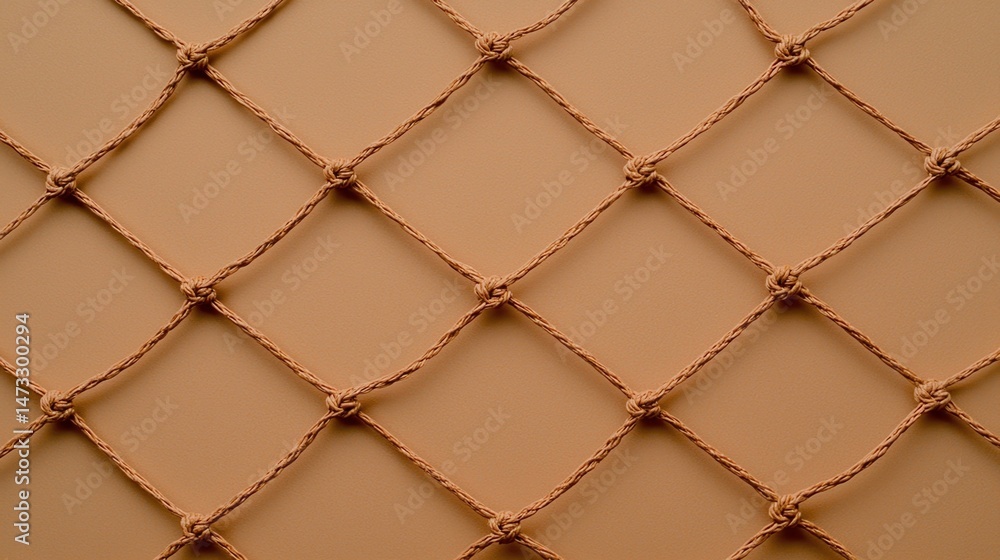 Poster a close-up of a knotted rope net with a beige background in a diamond pattern.