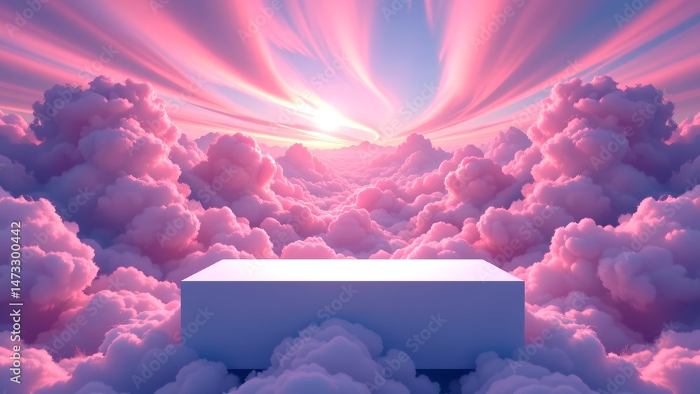 Poster surreal dreamlike scene where vast expanse of fluffy pastel-colored clouds envelops viewer. at cente