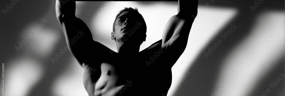 Aufkleber Silhouette of a Person Performing Pull-Up Exercise in a Shadowy Setting During Daytime