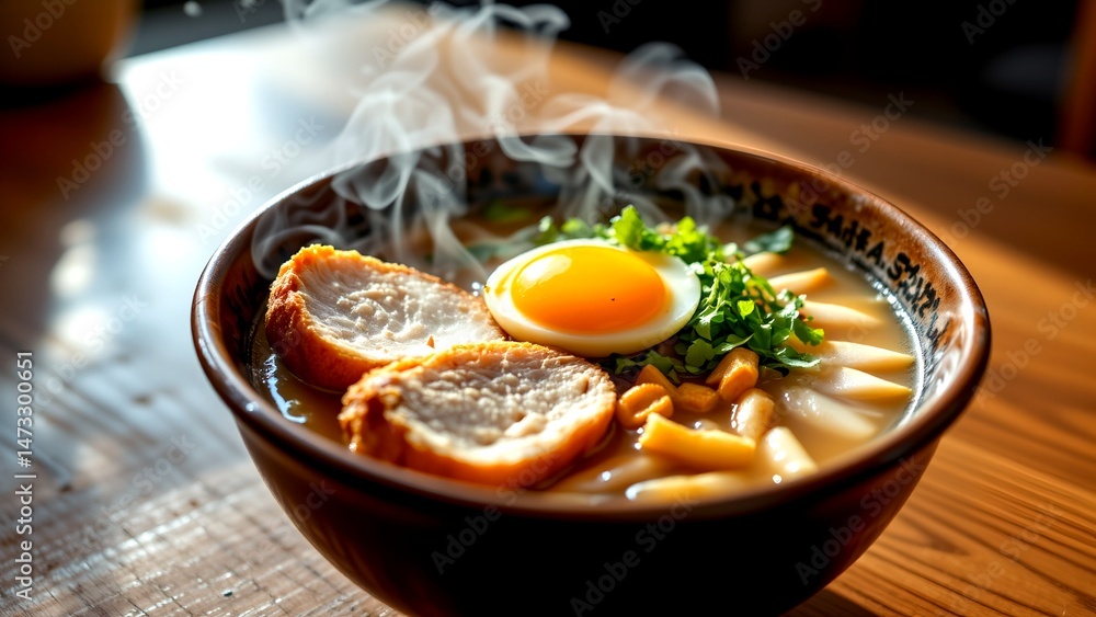 Fototapete bowl of ramen popular japanese noodle soup served warm inviting bowl. ramen topped perfectly cooked 
